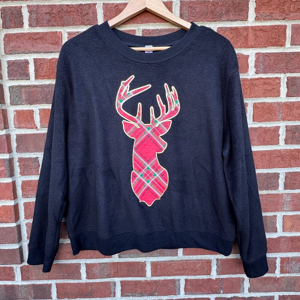 No Boundaries Christmas Sweatshirt XL Black Fleece Plaid Reindeer Silhouette